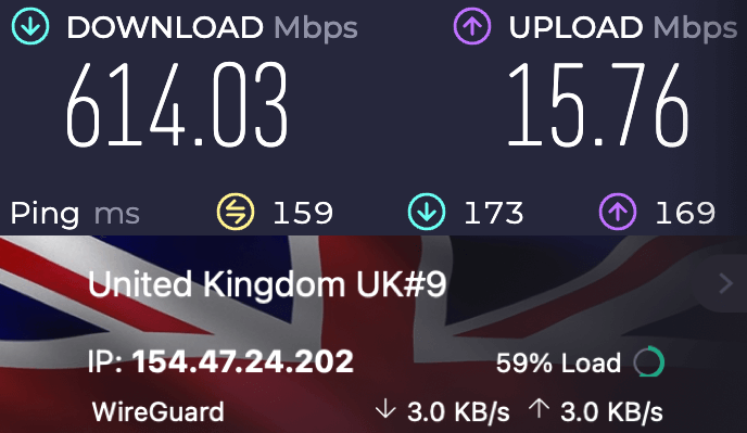 Screenshot of Proton VPN speed test result with the UK server