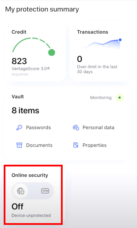 Screenshot of Aura Identity Theft Protection mobile app interface