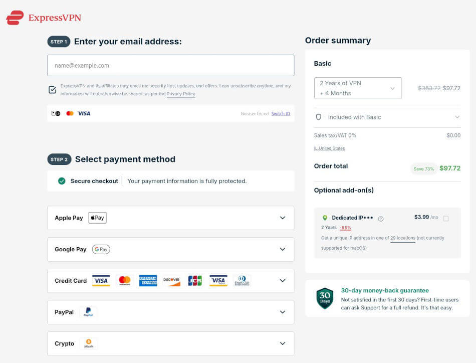 ExpressVPN checkout page