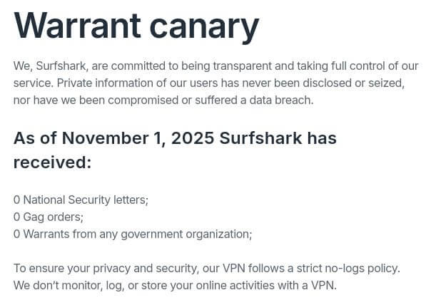 Surfshark Warrant Canary