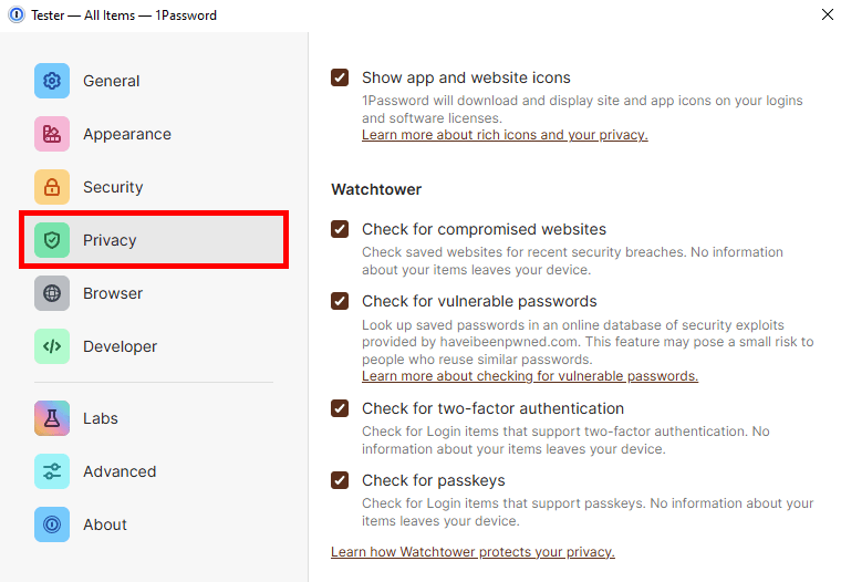1Password privacy settings