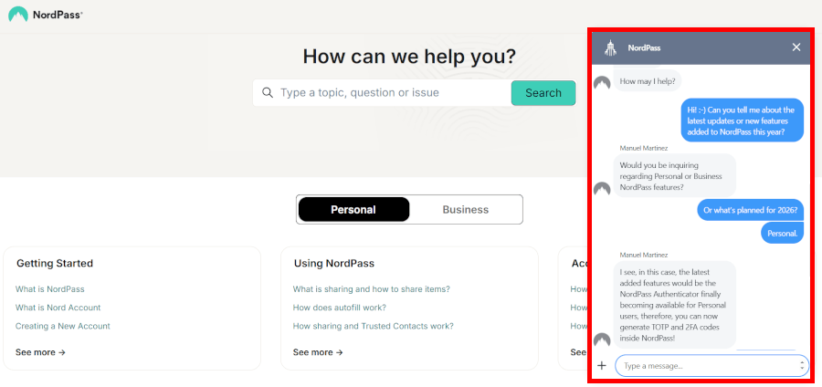 NordPass chat support