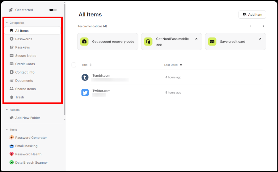 NordPass simple to use dashboard