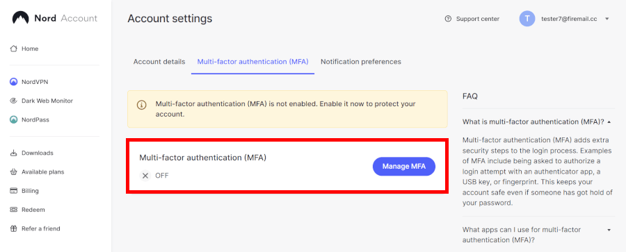 NordPass two-factor authentication