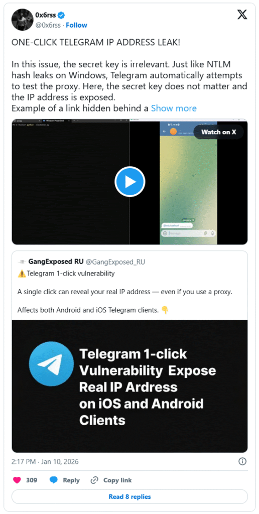 Telegram vulnerability X post