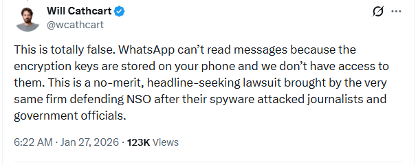 Tweet by Will Cathcart regarding WhatsApp E2EE