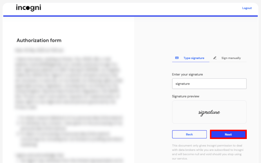 Incogni authorization form