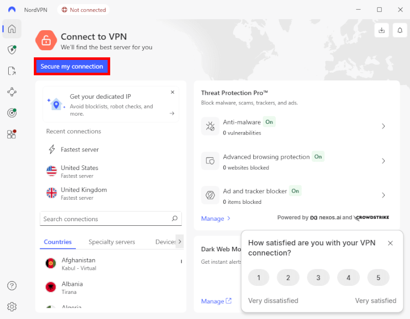 NordVPN app connect to VPN server
