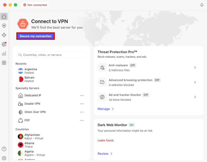 NordVPN app for macOS