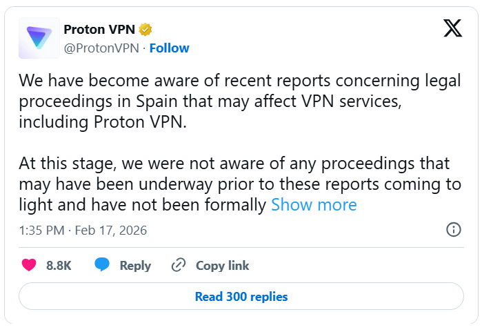 Proton VPN post on X