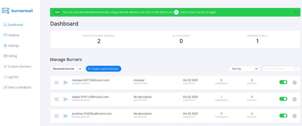 Burner Mail desktop UI