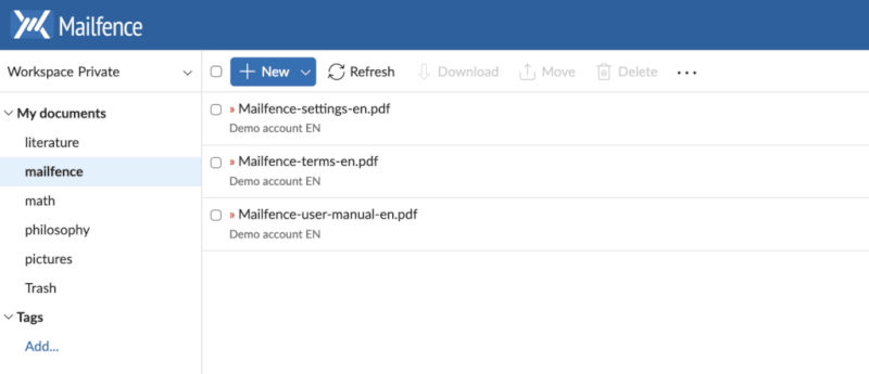 Mailfence documents adding a file