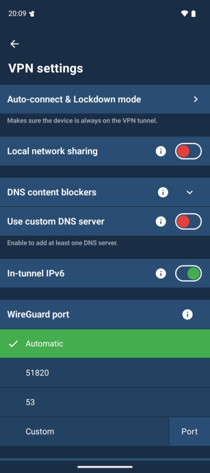 Mullvad VPN settings screen on Android