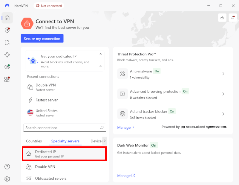 NordVPN desktop app with dedicated IP