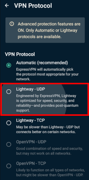 ExpressVPN choose Lightway protocol
