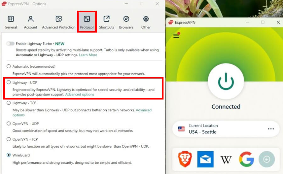 ExpressVPn pick Lightway protocol