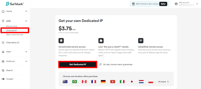 Get Surfshark get a dedicated IP from you dashboard