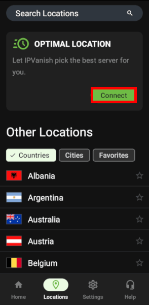 IPVanish locations screen