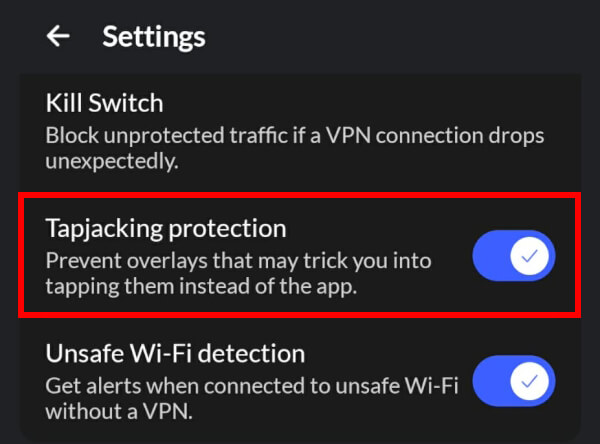 NordVPN Tapjacking protection