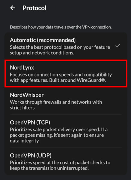 NordVPN VPN connection protocols