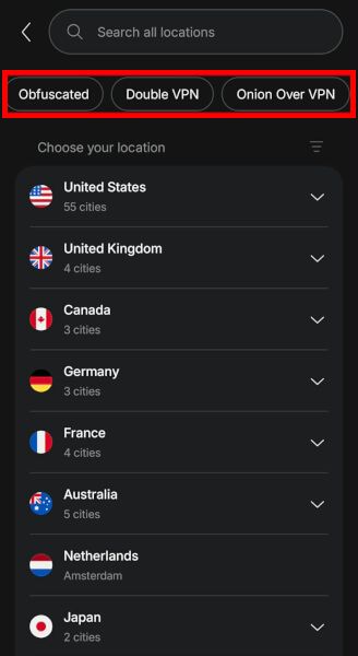 NordVPN app specialty servers