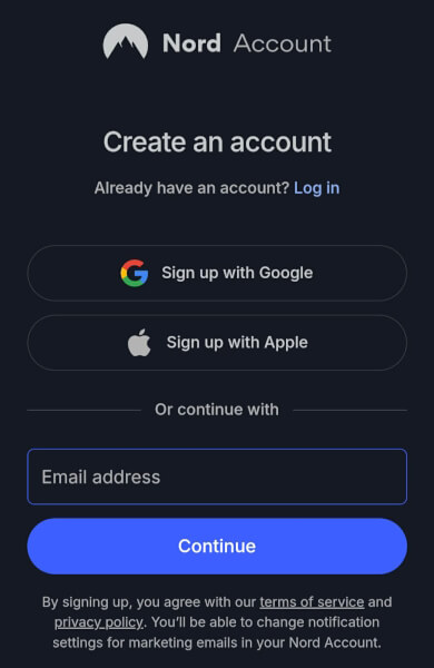 NordVPN create an account