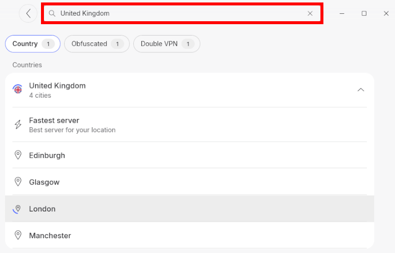 NordVPN search for United Kingdom in the server list