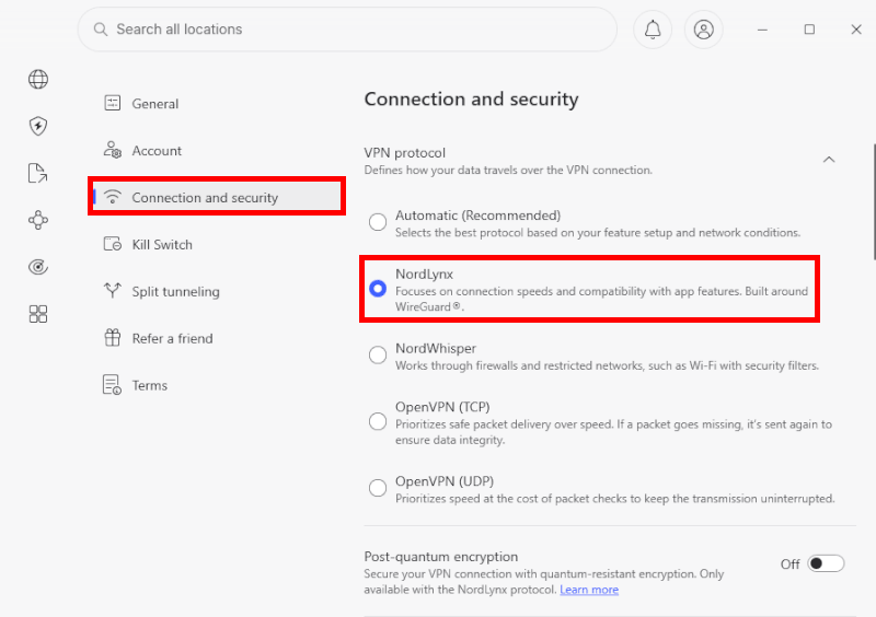 NordVPN settings select NordLynx