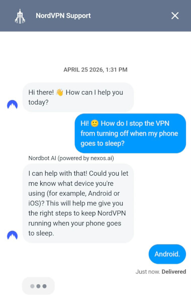 NordVPN support live chat via AI