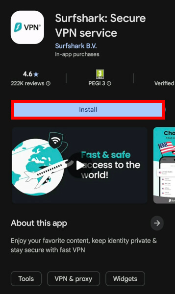 Surfshark app Google Play Store installation