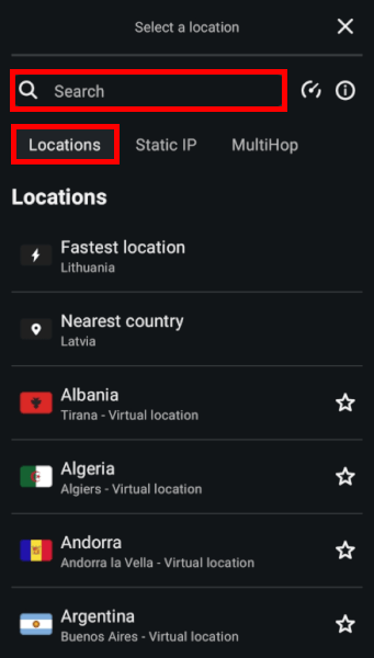 Surfshark selecting a VPN server