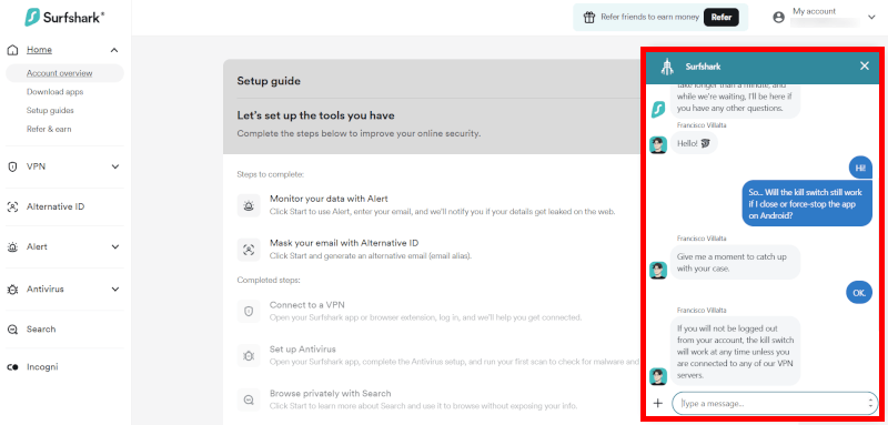 Surfshark support live chat