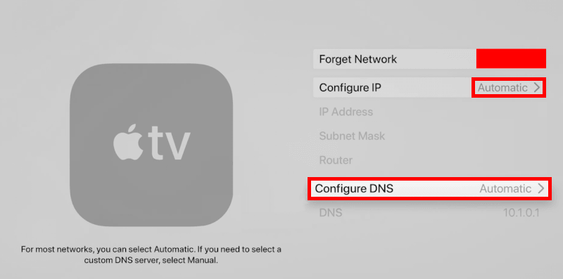 Apple TV change the DNS settings