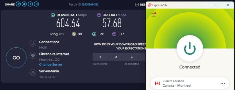 ExpressVPN Montreal Canada speed test results
