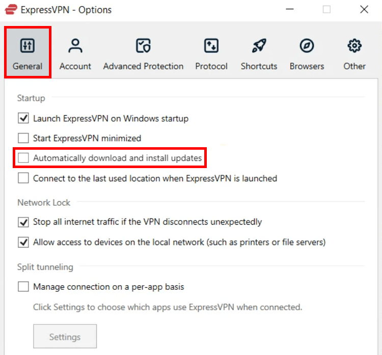 ExpressVPN set auto-update