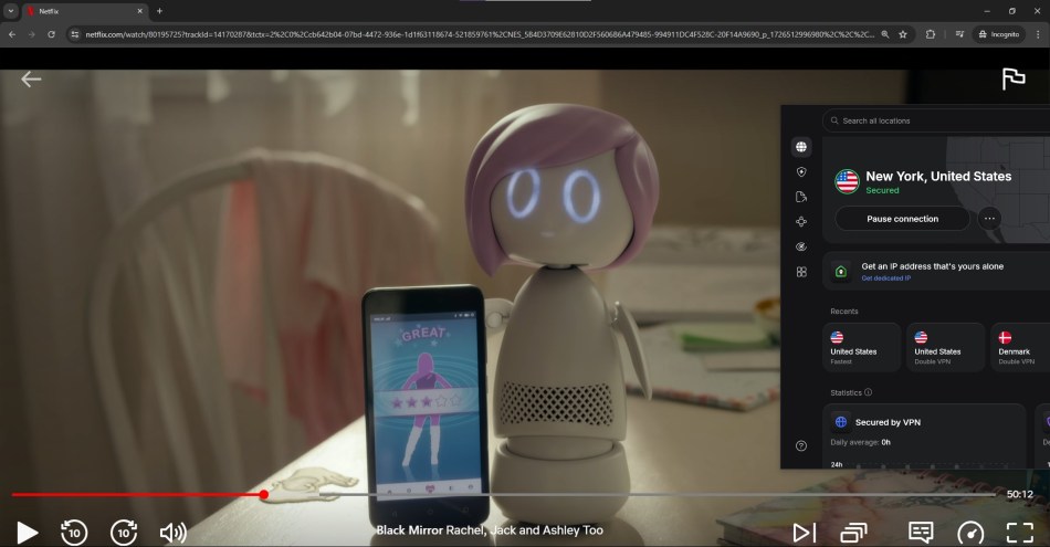 Netflix streaming Black Mirror with NordVPN connected