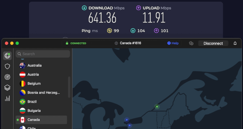 NordVPN Montreal speed test results