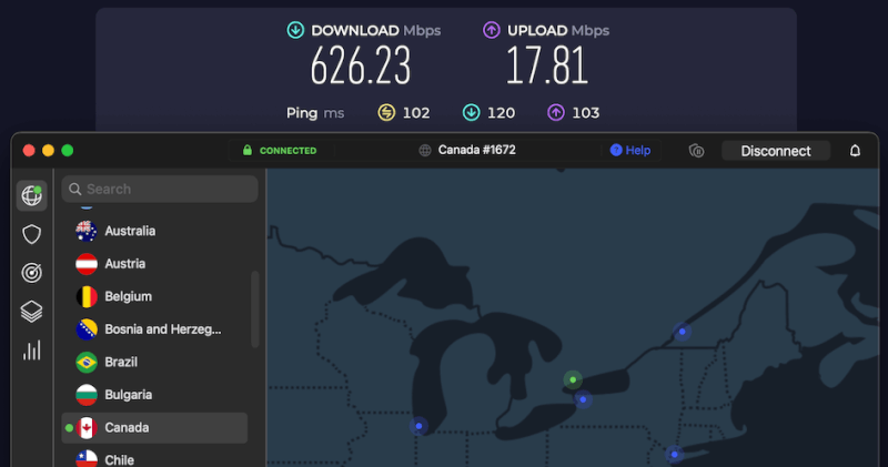 NordVPN Toronto speed test results
