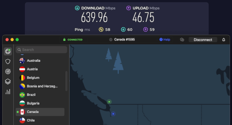 NordVPN Vancouver speed test results