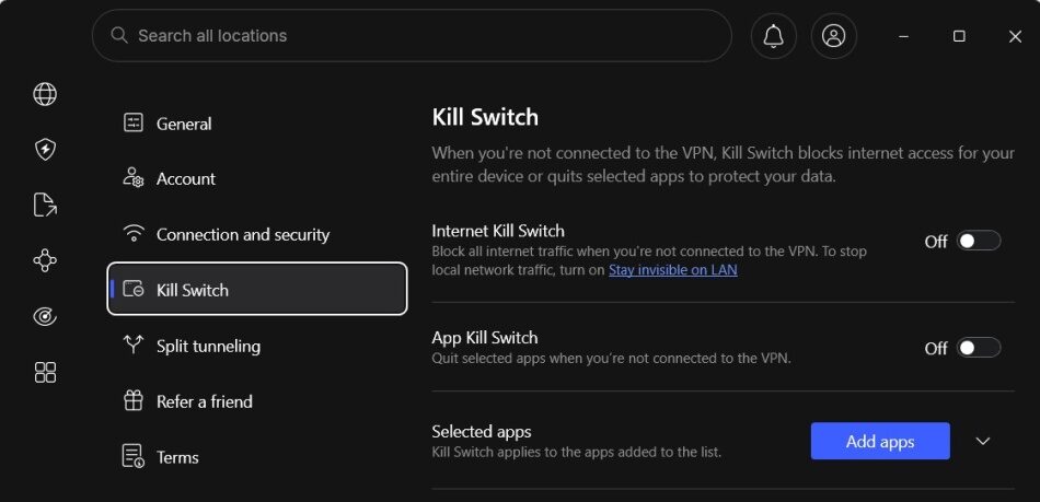 NordVPN kill switch settings