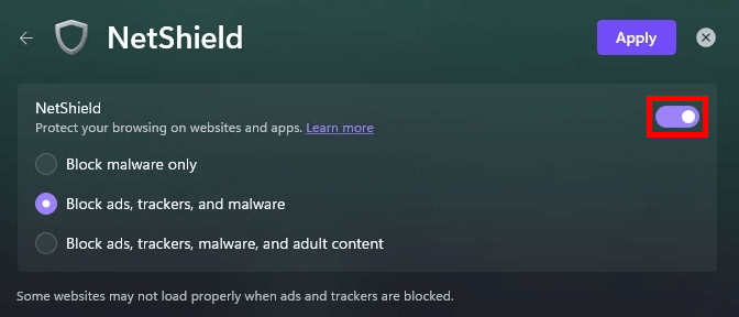 Proton VPN NetShield ad and malware blocker