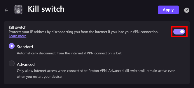 Proton VPN automatic kill switch