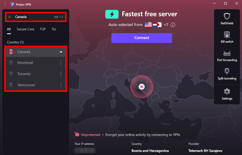 Proton VPN’s Canadian servers in app