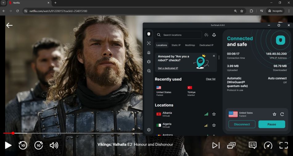 Screenshot of Netflix streaming Vikings Valhalla with Surfshark VPN connected