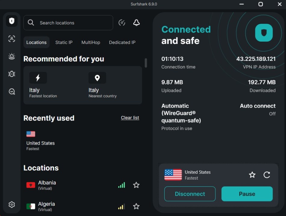 Screenshot of Surfshark VPN Windows app