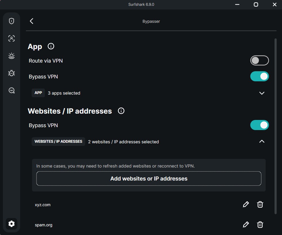 Screenshot of Surfshark VPN bypasser feature