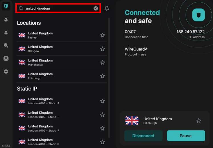 Surfshark connect to a UK server