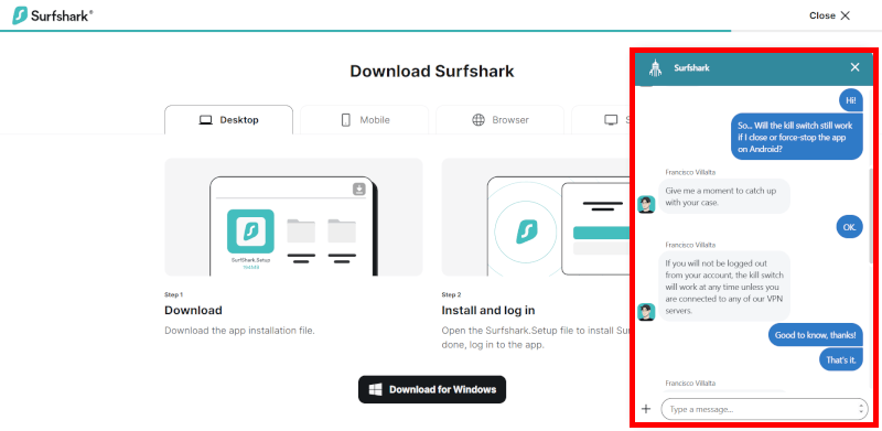 Surfshark customer support chat
