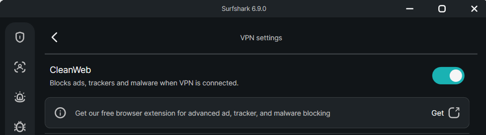 Screenshot of Surfshark VPN CleanWeb toggle