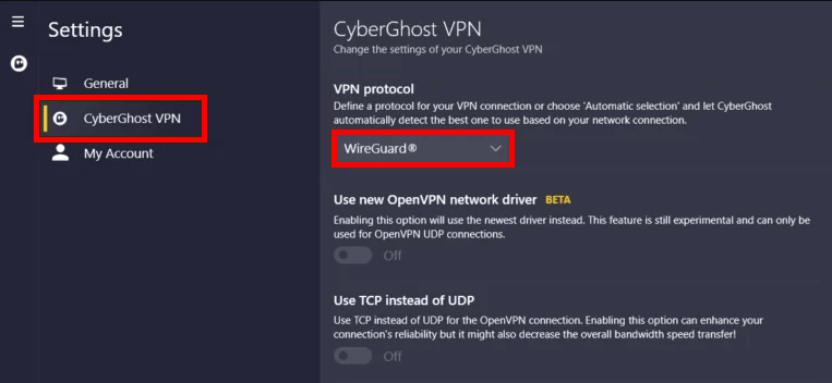 CyberGhost VPN protocol choices